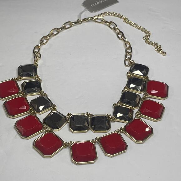 Cookie Lee necklace Chrome Gray and Red statement signed jewelry in gold tone - Picture 2 of 13